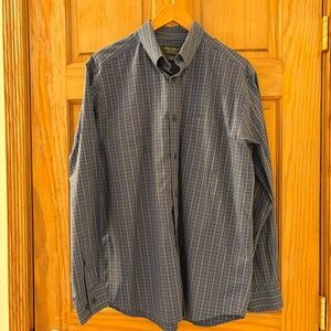Eddie Bauer Preppy Flannel Plaid Button Down Shirt Blue Tan Relaxed Fit Size M